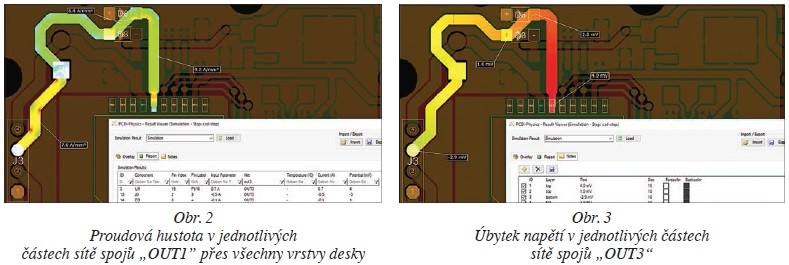 Obr. 2 Proudová hustota v jednotlivých částech sítě spojů „OUT1” přes všechny vrstvy desky